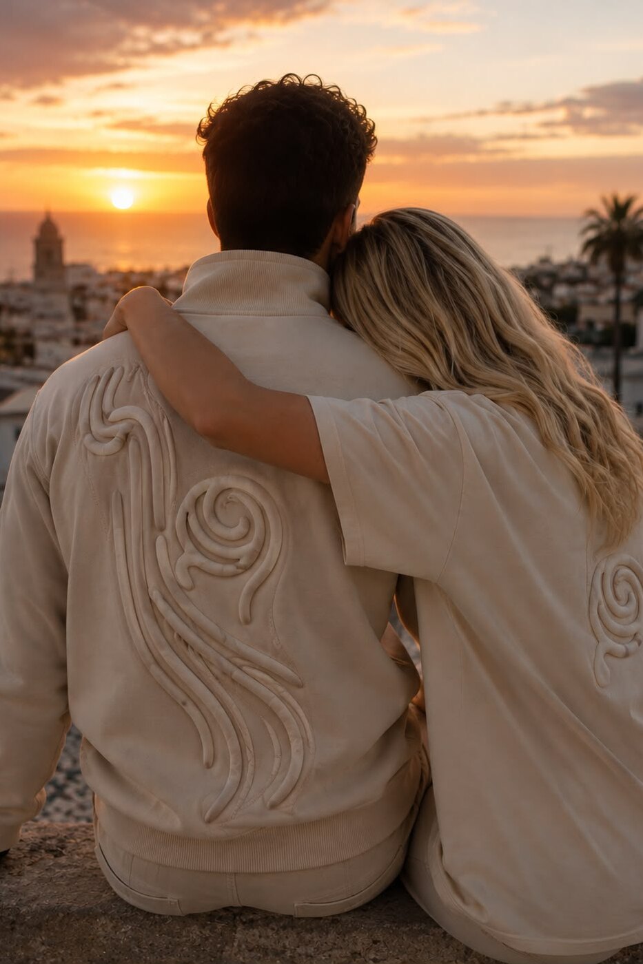 Casal de costas, abraçado num miradouro ao pôr do sol, com casacos Canudinho de relevo bordado, o mar e uma palmeira ao fundo