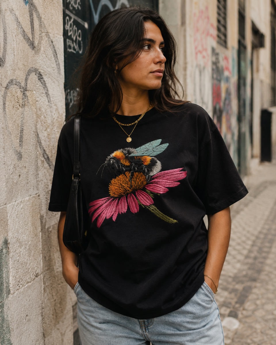 Mulher com t-shirt preta Canudinho com abelha bordada, encostada a uma parede com grafiti numa rua de Lisboa