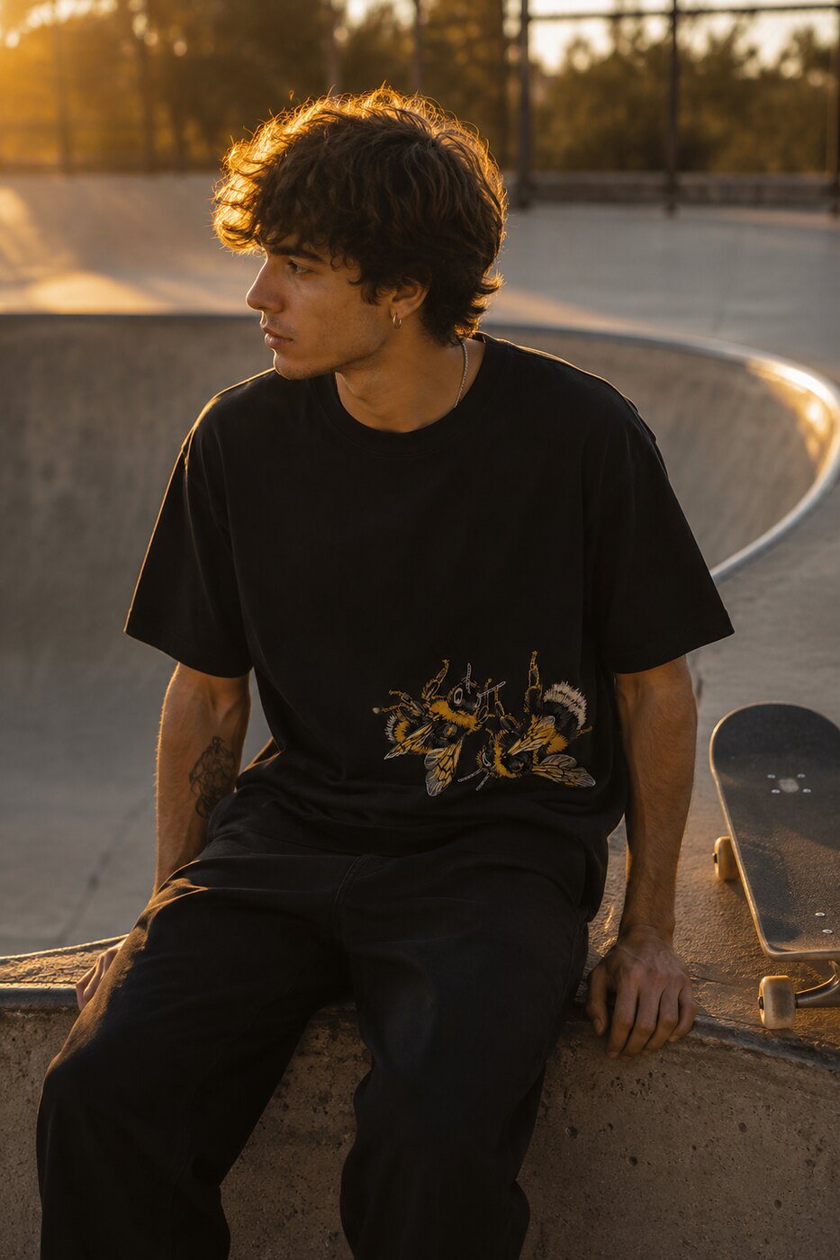 Homem sentado na borda de um bowl de skate ao fim da tarde, com t-shirt preta Canudinho e abelhas bordadas ao peito